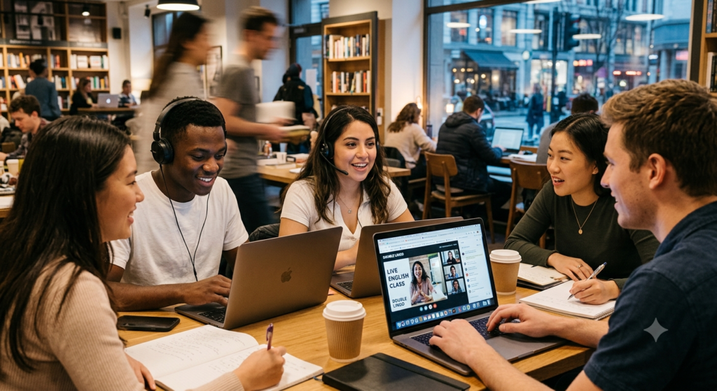 Alunos aprendendo inglês online no Curso de Inglês Online Double Lingo